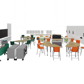Smith System Oodle, Smith System Flavors Chair, Smith System Interchange Desk, Smith System Cascade Storage, Smith System Cascade Teacher Desk, Steelcase B-Free Table, Steelcase Verb Markerboard, Polyvision Sans, Steelcase Flex Collection, Steelcase MediaCaddy, Steelcase Think Chair