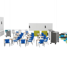 Steelcase Shortcut Chair, Smith System Oodle, Smith System Flavors Chair, Smith System Interchange Desk, Smith System Cascade Storage, Smith System Cascade Teacher Desk, Smith System Soft Rocker, Smith System Planner Table, Steelcase Verb Markerboard, Polyvision Flow