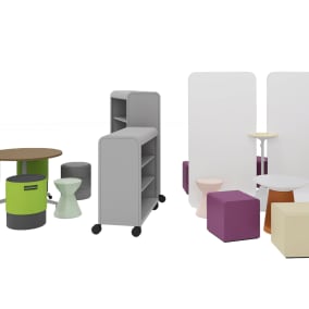 Steelcase Buoy, Smith System Oodle, Smith System Cascade Storage, Steelcase Flex Collection, Steelcase Turnstone Campfire, Steelcase B-Free Small Cube, Steelcase TouchDown Table, m.a.d Roto