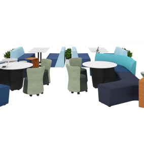 Orangebox Away from the Desk, Orangebox Ramsey Chair, Steelcase Turnstone Campfire, Steelcase Lexicon Square Social Table, m.a.d Roto Stool