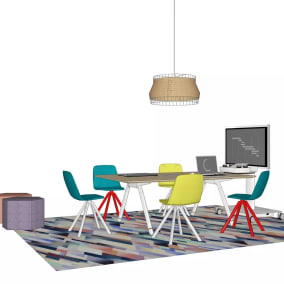 media:scape Mobile, Potrero415 Table by Coalesse, Maarten Chair by Viccarbe, Puff Puff Bench by BluDot, Hecks Ottoman by BluDot, Laika Pendant by BluDot, Quinn Rug by Mitchell Gold + Bob Williams