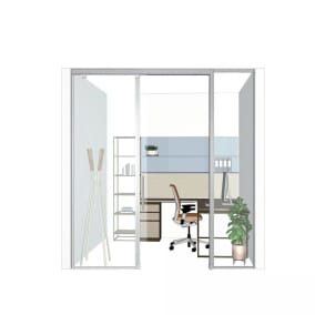 rendering of a private office with: Steelcase Think Chair Steelcase Elective Elements Floatin Shelfs West Elm Work Green Point Steelcase Privacy Walls Blue Dot Splas Coat Rack Flos, IC Light