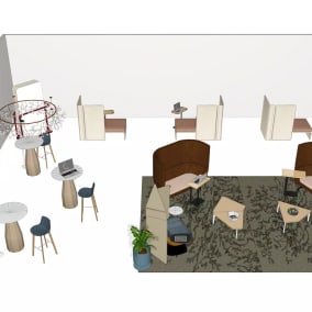 Render of a big social space with products such as Clipper screens, virtual PUCK, massaud seating, Enea stools, Lagunitas chair and table, Bassline tables, Nanimarquina shadows rug