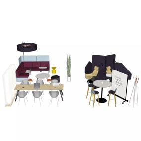 Rendering of several product such as Massaud chairs, Extremis sticks, Groupwork screen, Steelcase Flex Collection and more