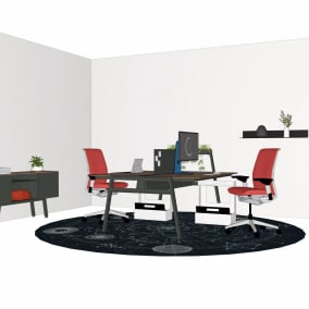 work from home setting with bivi table for two, two Think chairs, bivi trunk,