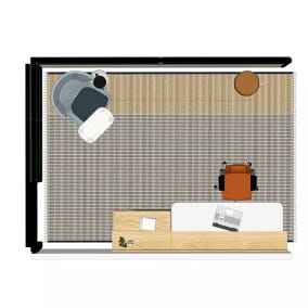 rendering of a private office with mesh rug, gesture chair, mackinac desk