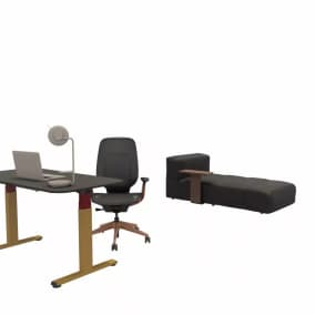 Steelcase Karman Task chair, Steelcase Desking Solo Sit-to-Stand Desk, Steelcase Eclipse Direct Lightning, Viccarbe Savina Sofa,