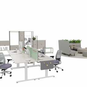 Steelcase Migration SE Desk, Steelcase Series 2 Task chair, Divisio Frameless Screen on desk, Flat Srcreen Mobitor Arm, Steelcase Flex Active Frames, Orangebox Beyond The Desk, Coalesse Lagunitas Personal Table, Bolia Grace Pouf, Orangebox Farne, Viccarbe Funda Armchair,