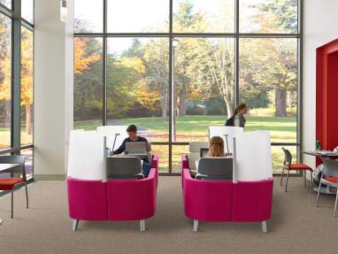 Four pink Brody WorkLounges in a work cafe setting