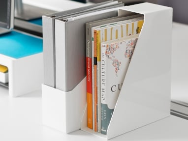 Two White SOTO Diagonal File Boxes on a desktop