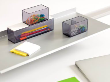 Set of 3 SOTO Storage Boxes on a shelf with rubberbands, writing utensils, and clips