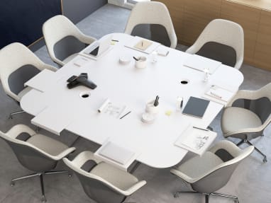 Big square table with white SW_1 Seating around it