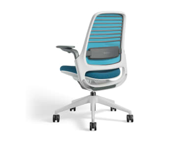 Angled rear view of a blue Steelcase Series 1