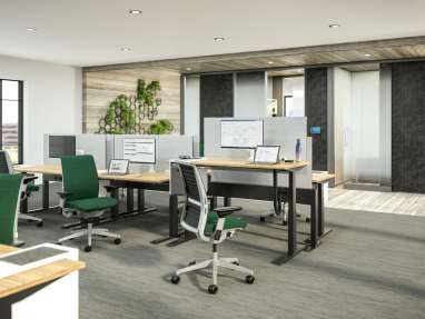 Rendering showing workstations created with Answer Fence, Migration height-adjustable desks, and Think chairs with green upholstery