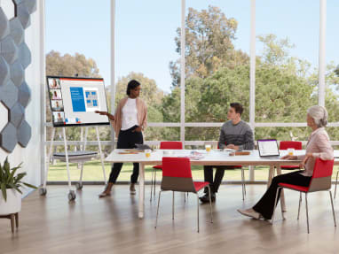 Woman makes a presentation using a Steelcase Roam Mobile Cart during a meeting in a room with a Potrero415 table and Montara650 chairs