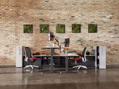 Two workstations with Ology height adjustable desks, Amia Air desk chairs, Currency storage, and Dash Mini desk lamps