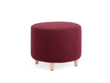 Alight round ottoman in red with wood feet on white