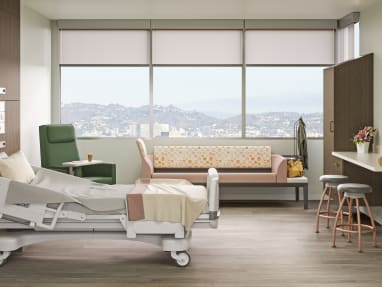 patience room with a green Empath chair, a large sofa and a medical bed.