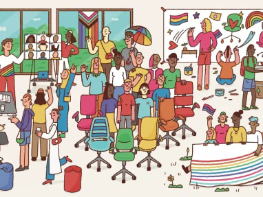 colorful illustration showing different people and office chairs