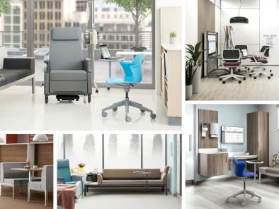 Collage of photos showing Steelcase products in healthcare environments, including Node 5-Star base chairs and Qivi chairs