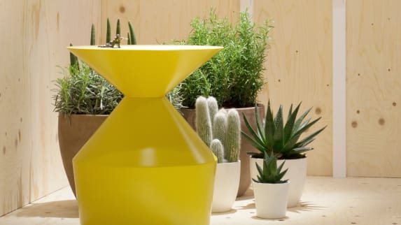 A yellow Shape table from the Viccarbe Imports Collection with a collection of cactus plants in the background