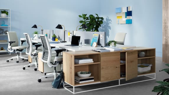 West Elm Work Greenpoint storage cabinet shown next to a group of desks