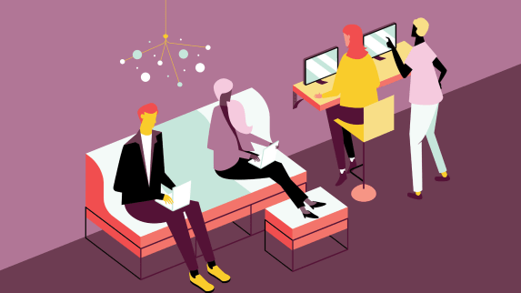Digital graphic of four people working in a lounge workspace with umami seating.