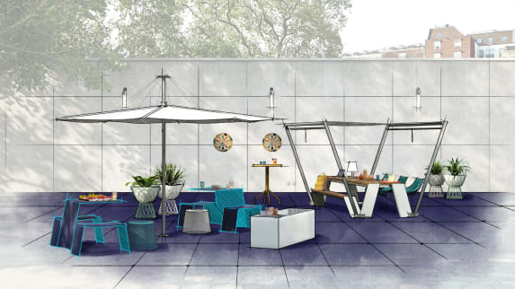 Digital color sketch of an outdoor setting featuring Extremis seating and EMU vases.