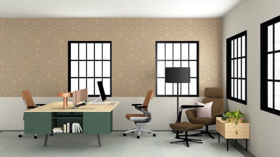 Large home office with Bivi two-persons desk with gesture task chairs and bob lounge chair