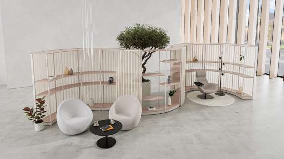 Designing Spaces to Build Community at Work - Steelcase Flex Active Frames, Jean Nouvel Lounge Chairs, Coalesse Massaud Armchair, BOLIA Orb Floor Lamp and Coalesse Montara Table in a lounge environment
