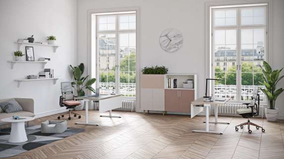 Possilio Desk in a work environment featuring Steelcase Please Task Chair, Steelcase Volum Art Cupboard, BOLIA Cloud 2½-seater Sofa, iccarbe Cambio Low Table, Viccarbe Season Pouf and Steelcase Eclipse Light