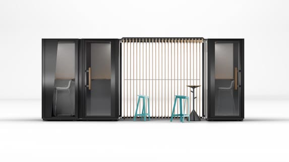 Orangebox Be my guest® 3 phone booths with canopy and wall on a white background