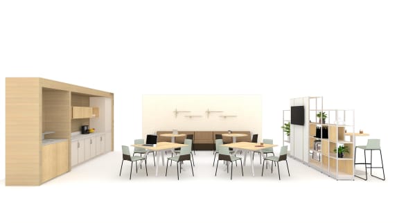 Workplace café with a hospitality counter, coffee station, two shared tables with guest chairs, upholstered banquette seating, display shelving, monitor, bar-height seating, and potted plants.
