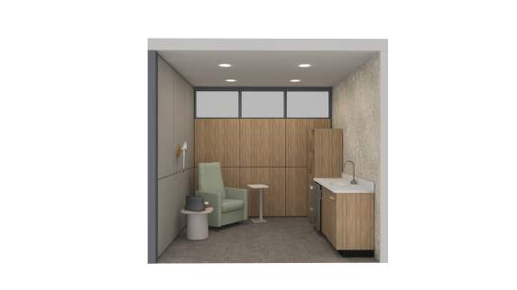 Mother’s room with a lounge chair, side table, personal storage cabinet, sink counter, and small work surface in a private setting.