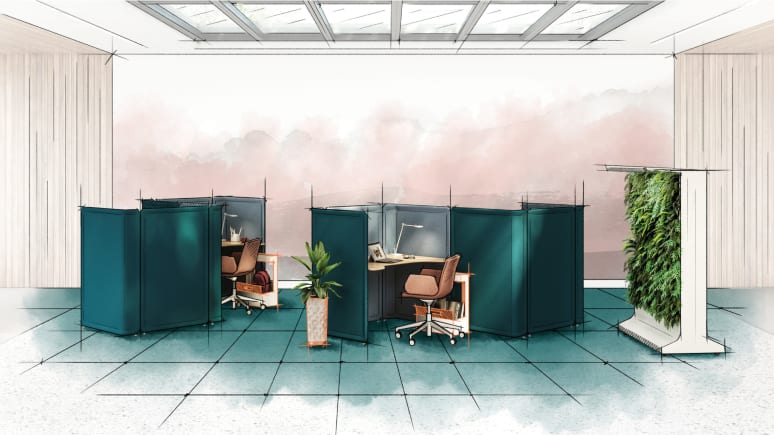 Digital color sketch of open workspace with Lagunitas focus nooks with sagegreenlife.