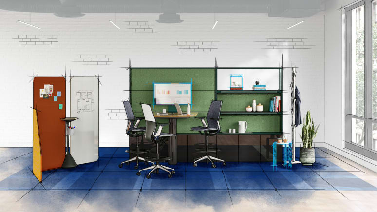 Ditical color sketch of a workstation furnitured with Mackinac, SILQ stools, and Steelcase Flex Markerboards.