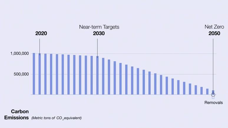 Our Net Zero-Future banner with carbon emissions, from 2020 to 2050, column chart.
