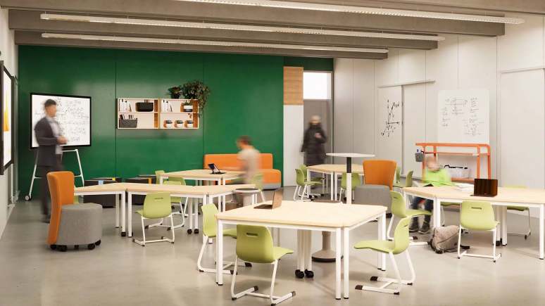 Vanerum Opti+ Seating and Desks with 4 people in a classroom environment