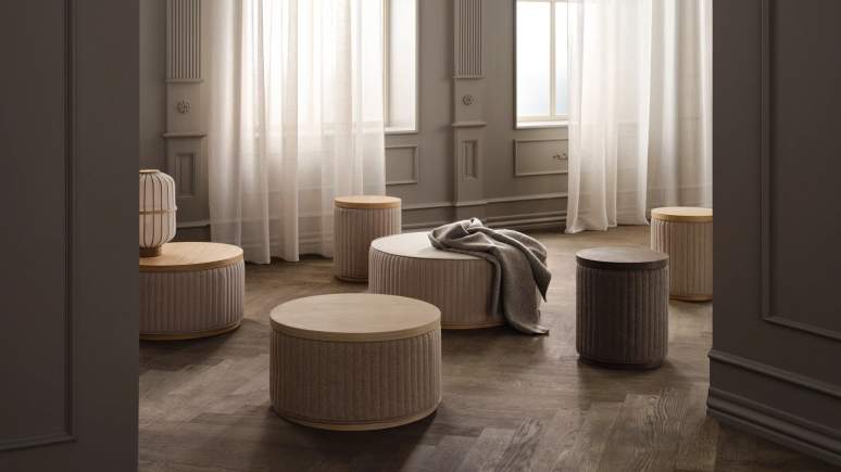 BOLIA Rigato Poufs in a lounge environment