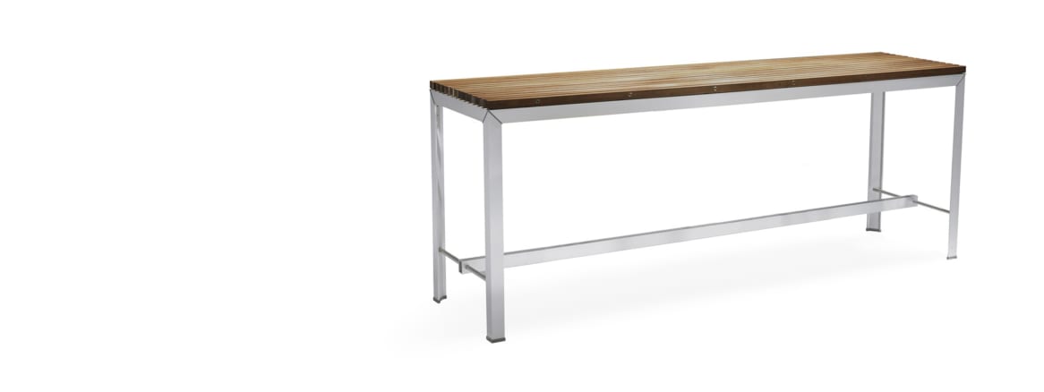 extremis extempore high table with brushed metal base and wood slat top