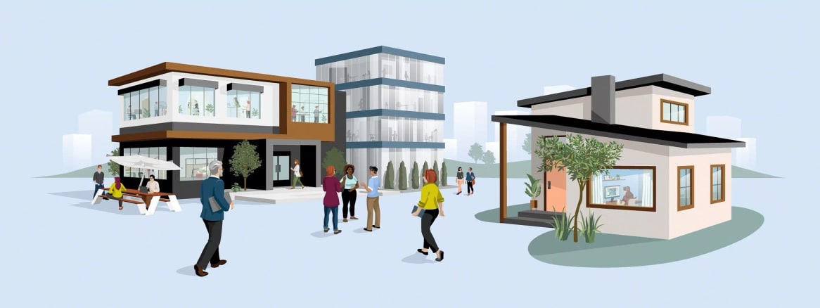 Illustration of multiple buildings and people walking and talking outside of them.