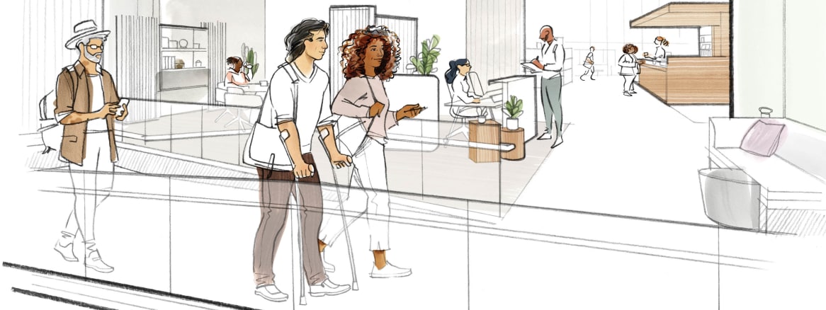 graphic showing people walking around an office,