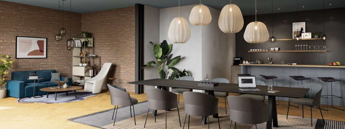 EMEA Legal Space: Collaborative Space with Steelcase Flex Active Frames, Orangebox Lapwing Coffee Table, Viccarbe Maarten Low Coffee Table, Viccarbe Copa Chair, Viccarbe Trestle Table, Viccarbe Last Minute Barstool, Viccarbe Sistema Floor, Viccarbe Nagy Armchair, Moooi Carpet Mixing Pciesl of Wasp