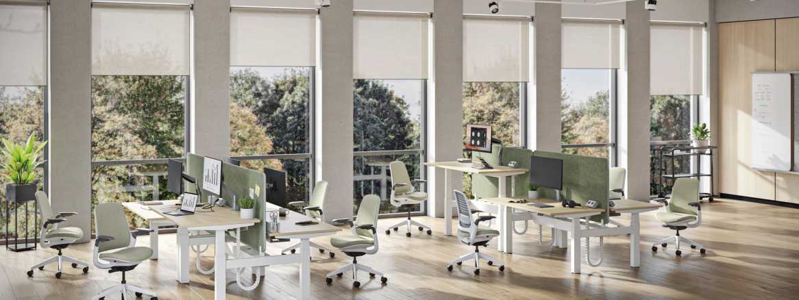 Possilio Bench in an office environment featuring Steelcase Series 1 Chair, Flat Screen Monitor Arms FSMA INTRO, Steelacse Connecting Hub, Steelcase Divisio Screen, Steelcase Flex Kiosk, Cavatina Barstool, Viccarbe Sistema Outdoor Sofa, Viccarbe Season Pouf, Viccarbe Maarten Outdoor Low Table and Viccarbe Trino Outdoor Table