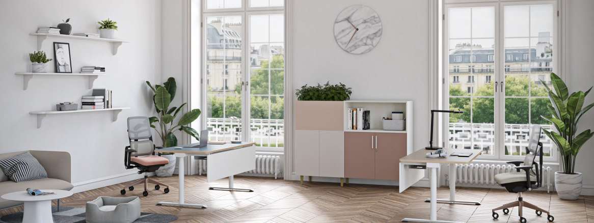 Possilio Desk in a work environment featuring Steelcase Please Task Chair, Steelcase Volum Art Cupboard, BOLIA Cloud 2½-seater Sofa, iccarbe Cambio Low Table, Viccarbe Season Pouf and Steelcase Eclipse Light