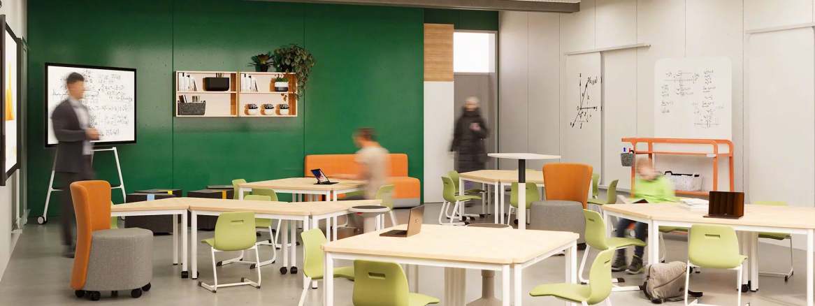 Vanerum Opti+ Seating and Desks with 4 people in a classroom environment
