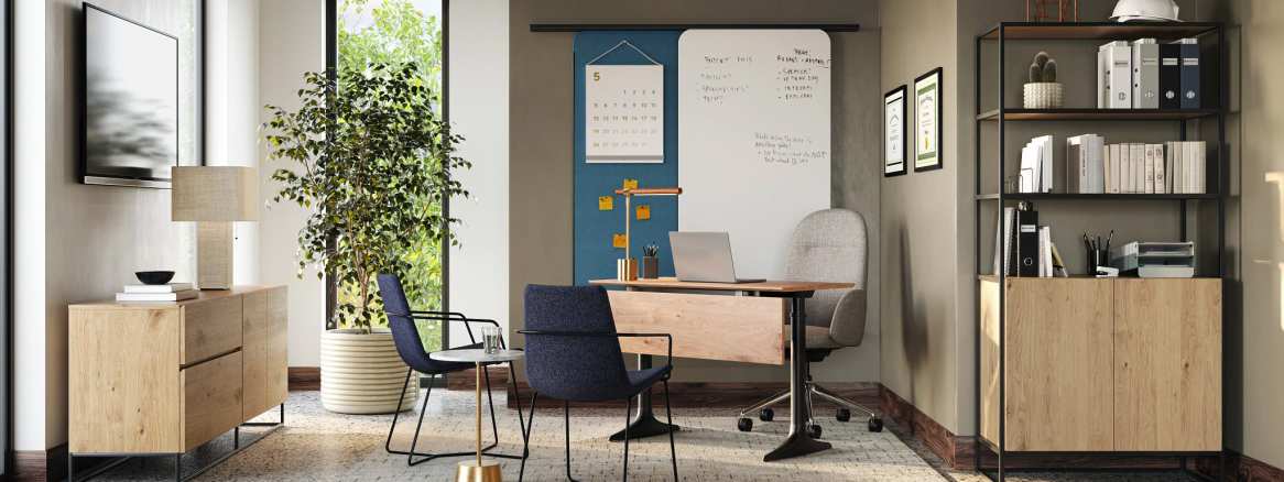 Faculty office offers privacy, ergonomic comfort, flexible mentoring space and tools for planning and display. Products: Kent 5-Star High Back Conference Chair with arms, Slope Guest Chair with Arms; Sutton Height Adjustable Desk; Greenpoint Storage, Steelcase Flex Wall Mounted Screen and Markerboard