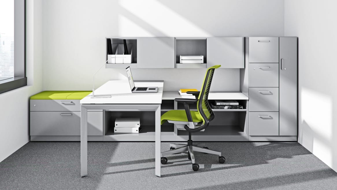 Think office chair at desk with universal storage