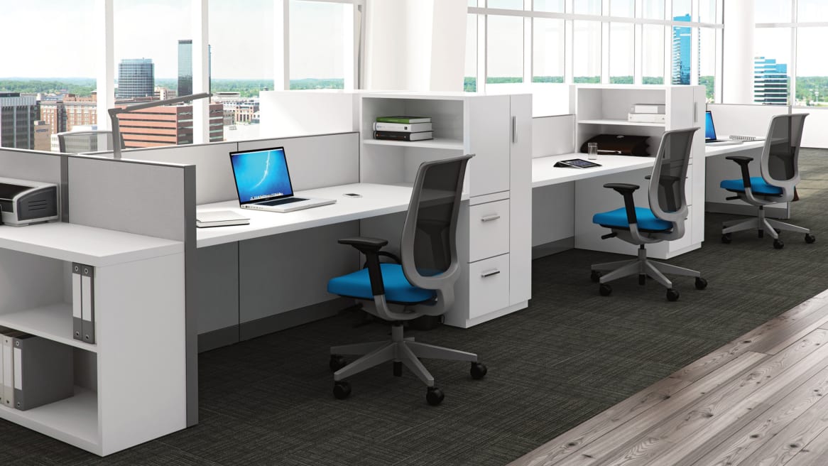 A row of three Kick Multi-Functional Workstations