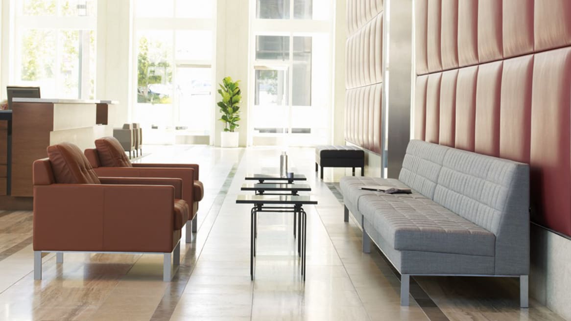 Two Millbrae Contract Lounge Sofas and Two Millbrae Contract Lounge Armchairs with Millbrae Lounge Side Tables in a Waiting Area
